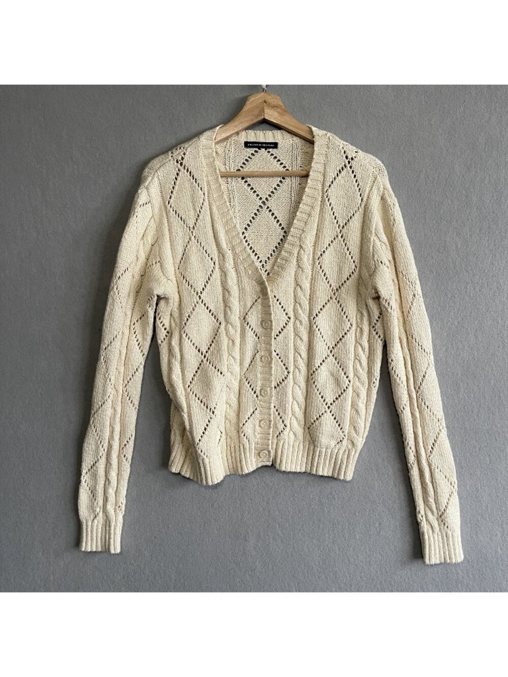 Brandy Melville Cream Cable-Knit Pointelle V-Neck Cardigan Diamond Crochet